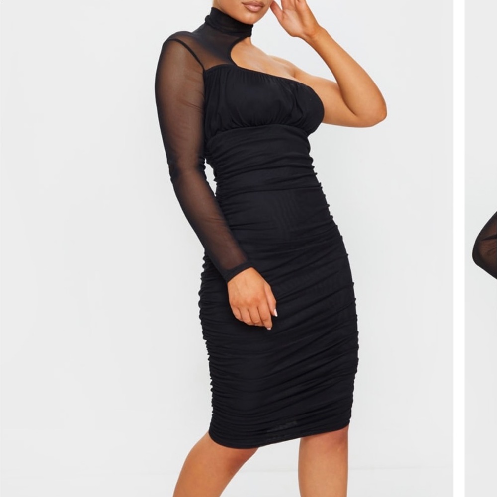 Black Mesh One Shoulder Midi Dress - Picture 2 of 3